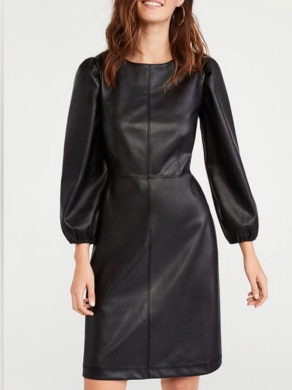 Ann Taylor Black Long Puff Sleeve Faux Leather Dress NEW NWOT